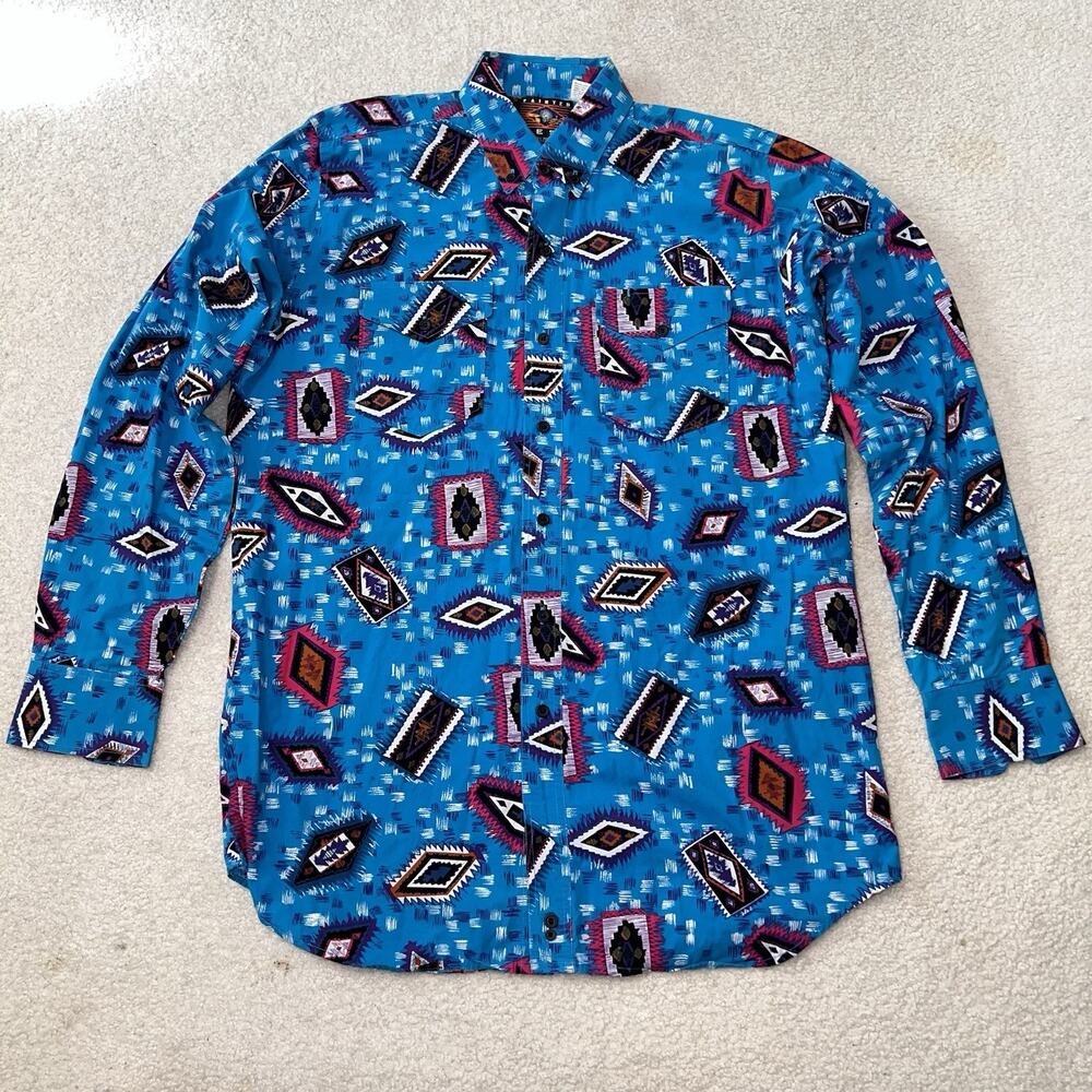Vintage Painted Mesa Aztec Shirt Large Blue Tall Man Cotton Western Button Up